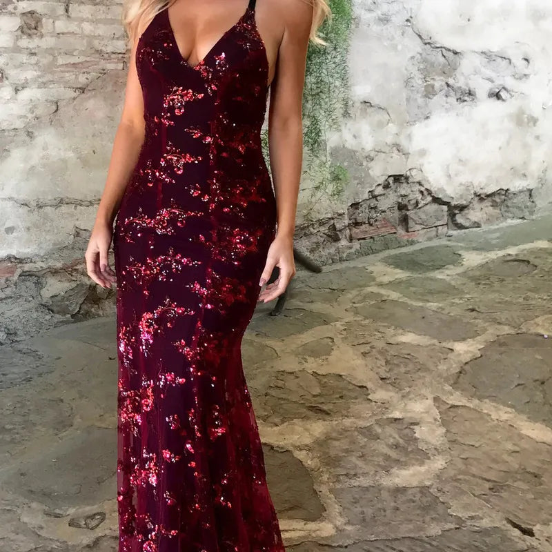 Women’s Elegant Sequined Floral V-Neck Sleeveless Wedding & Party Dress – Formal Stage Gown