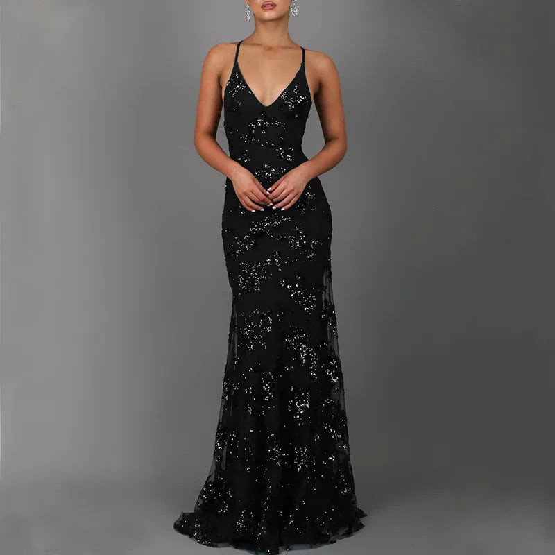 Women’s Elegant Sequined Floral V-Neck Sleeveless Wedding & Party Dress – Formal Stage Gown
