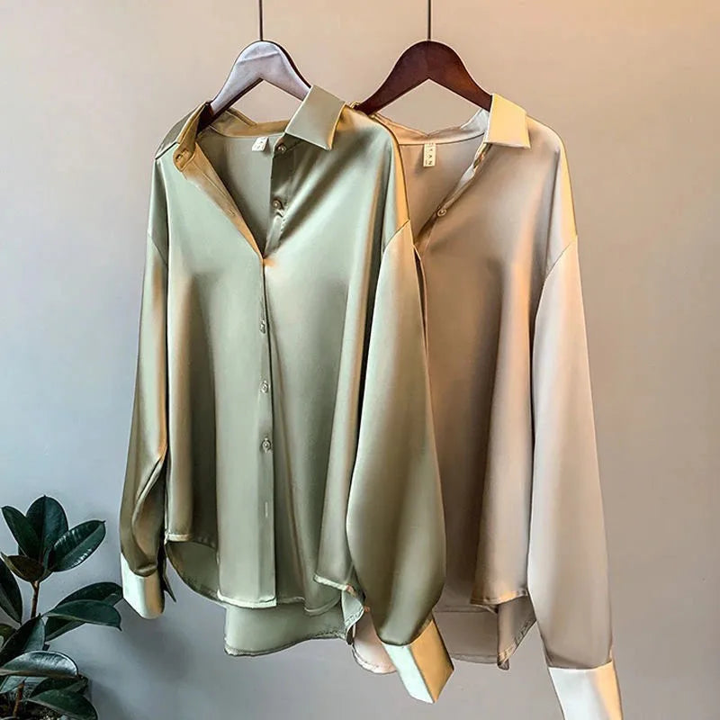 Women’s Elegant Satin Blouse – Solid Color Long Sleeve Button-Down Shirt with Relaxed Fit