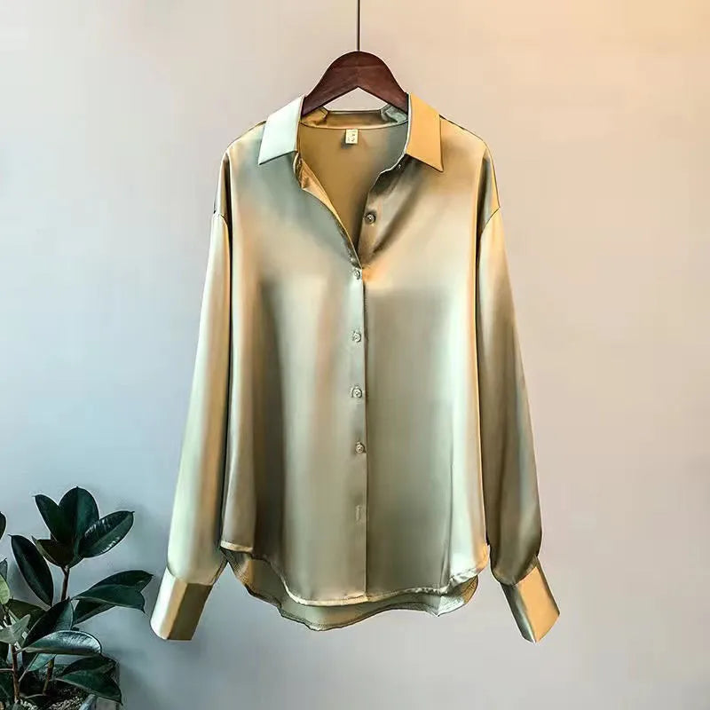Women’s Elegant Satin Blouse – Solid Color Long Sleeve Button-Down Shirt with Relaxed Fit