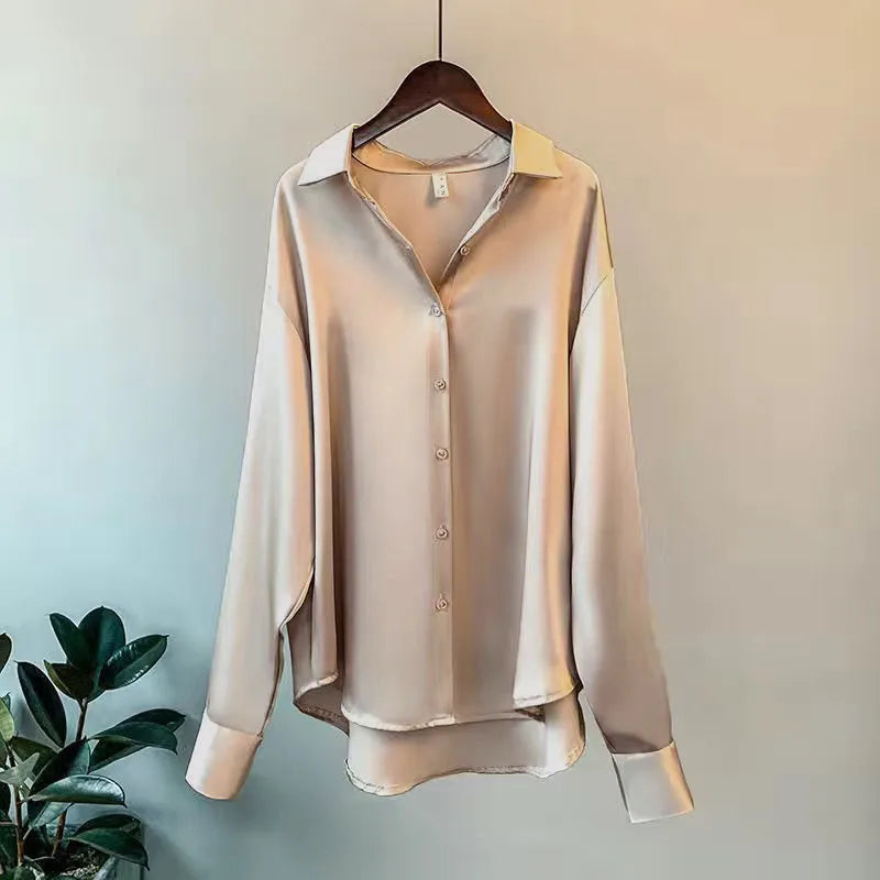 Women’s Elegant Satin Blouse – Solid Color Long Sleeve Button-Down Shirt with Relaxed Fit