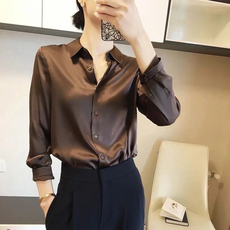 Women’s Elegant Satin Blouse – Solid Color Long Sleeve Button-Down Shirt with Relaxed Fit