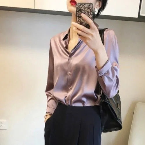 Women’s Elegant Satin Blouse – Solid Color Long Sleeve Button-Down Shirt with Relaxed Fit