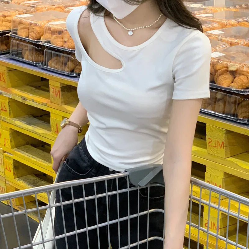 Women’s Fashion Cut-Out T-Shirt – Solid Color Short Sleeve Patchwork Top