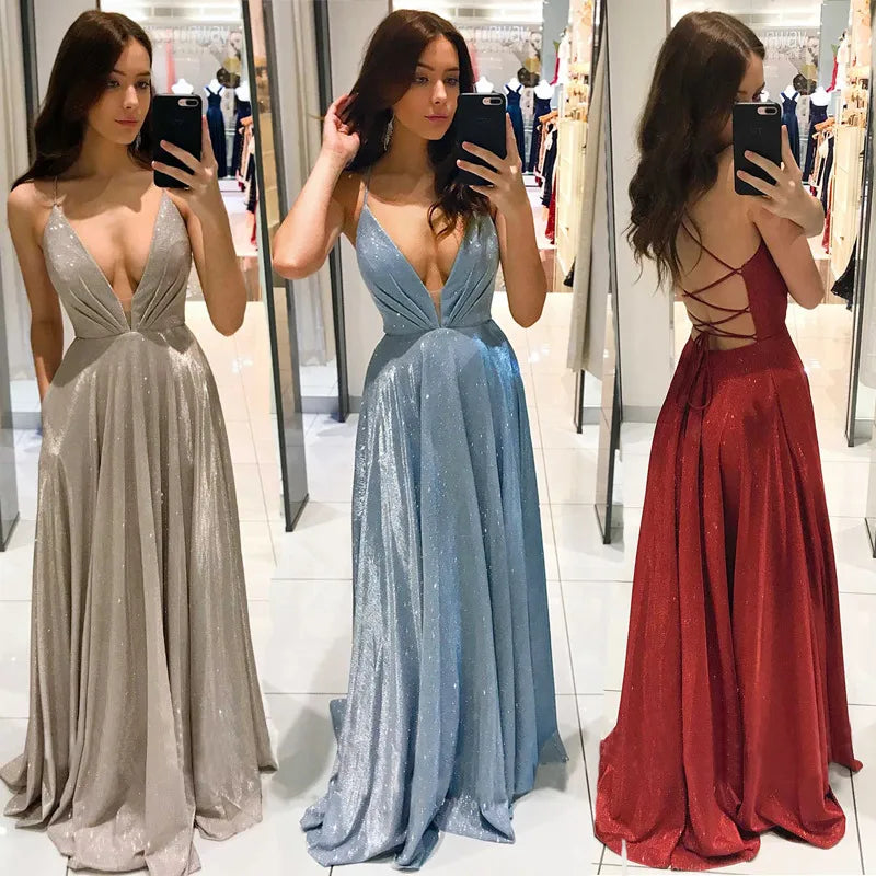 Women's Sexy Deep V-Neck Backless Evening Maxi Dress – Sparkly A-Line Prom & Party Gown