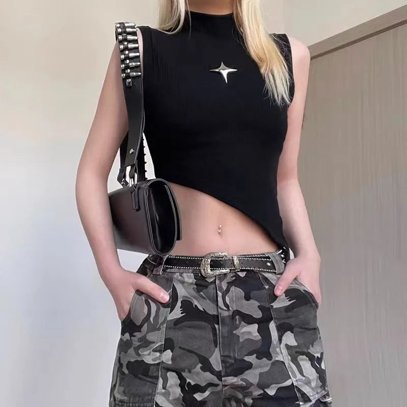 Women's Casual Gothic Style Solid Black Sleeveless Ribbed Knit Tank Top with Star Badge Detail