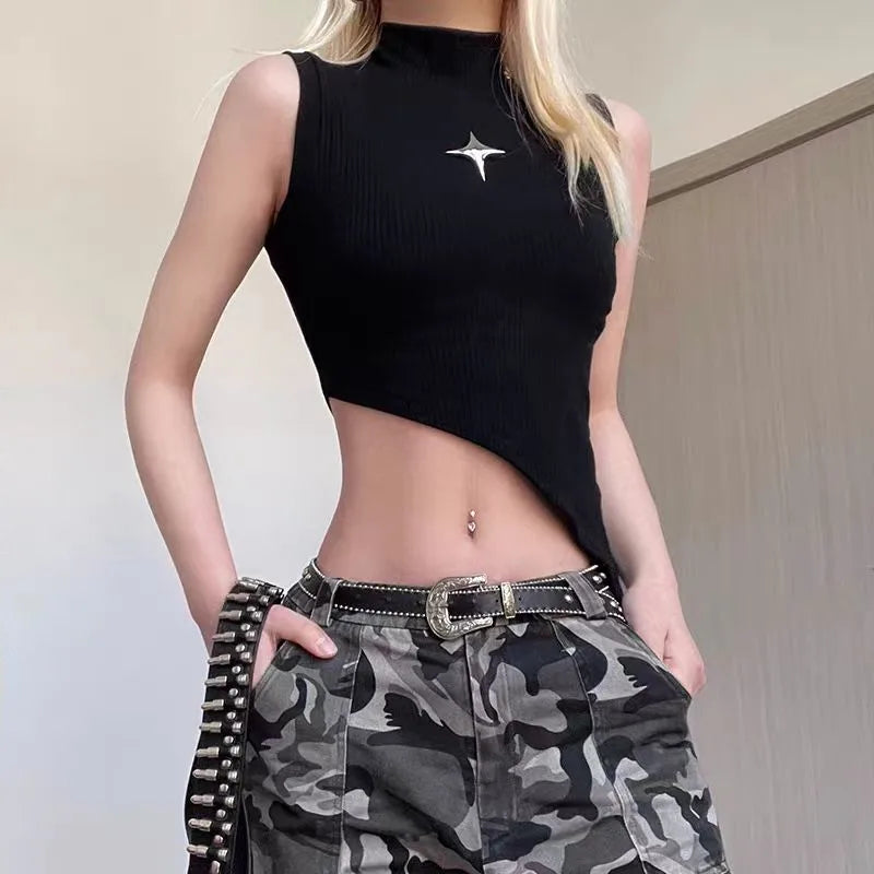 Women's Casual Gothic Style Solid Black Sleeveless Ribbed Knit Tank Top with Star Badge Detail