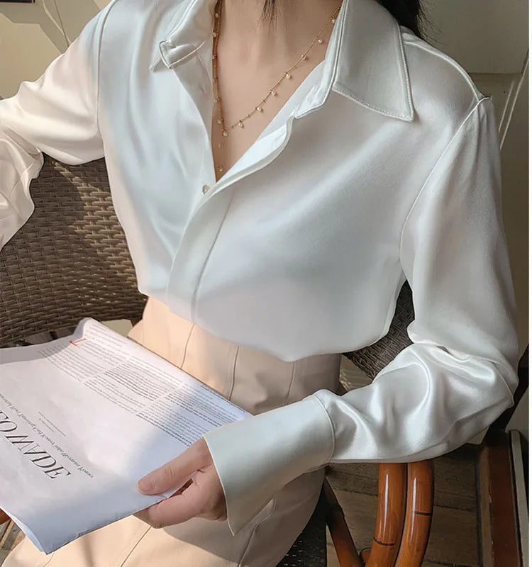 Women’s Elegant Satin Blouse – Solid Color Long Sleeve Button Down Office Top