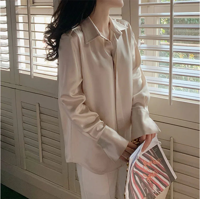 Women’s Elegant Satin Blouse – Solid Color Long Sleeve Button Down Office Top