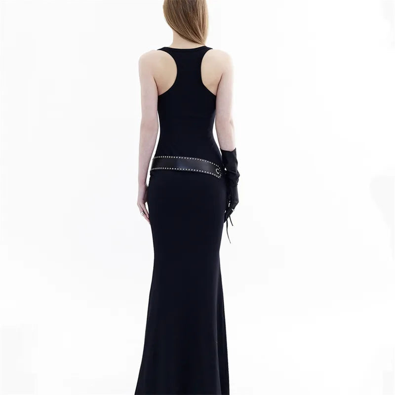 Women's Elegant Sexy Black Maxi Dress – Sleeveless Lace-Up Bodycon Sheath Gown with Slim Fit Party Style