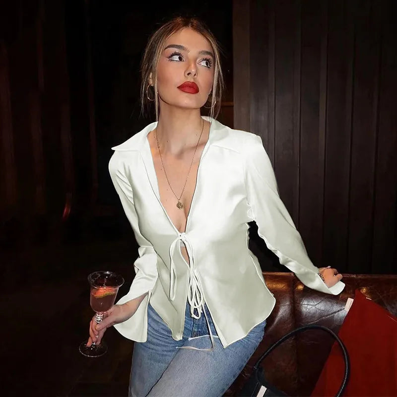 Women’s Satin Tie Front Blouse – Elegant Solid Color Long Sleeve top