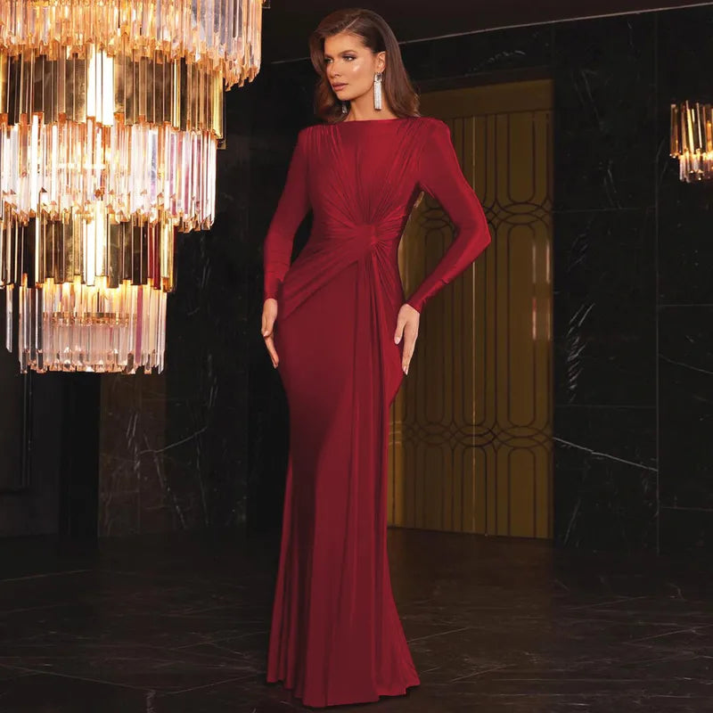 Women’s Elegant Solid Color Cocktail Dress – Long Sleeve Round Neck Evening Party Gown