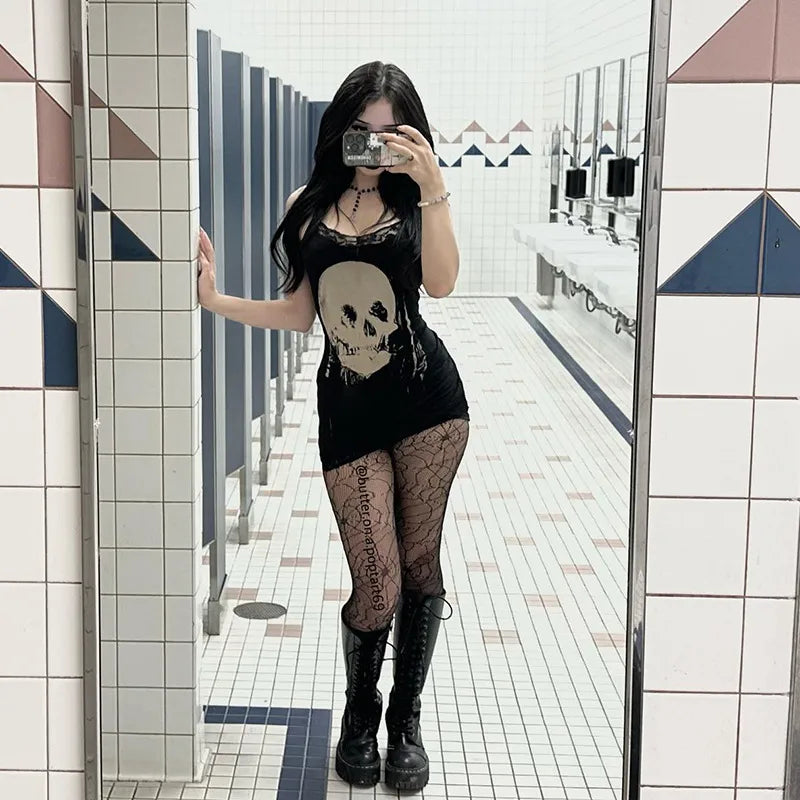 Gothic Punk Skull Print Lace Strap Dress – Dark Aesthetic Sleeveless Partywear (Code: ZX#375)