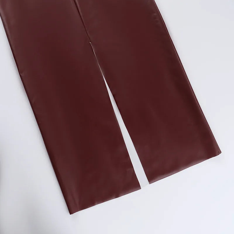 Women's Sexy Burgundy Faux Leather Bodycon Dress – Spaghetti Strap Sleeveless Cocktail Party Midi Outfit