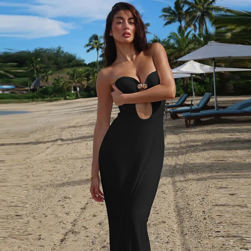 Women's Elegant Strapless Keyhole Maxi Dress – Sexy Sleeveless Cocktail & Evening Gown