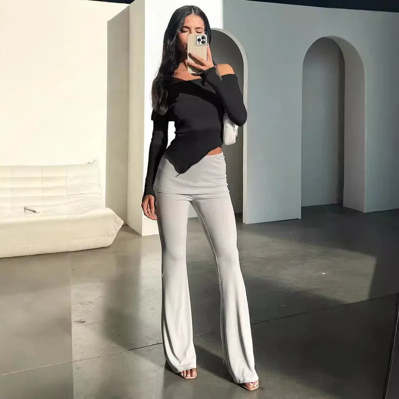 Women’s Sexy Patchwork T-Shirt – Solid Color Long Sleeve Slim Fit Top