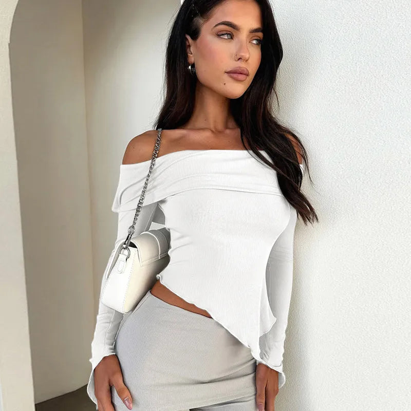 Women’s Sexy Patchwork T-Shirt – Solid Color Long Sleeve Slim Fit Top