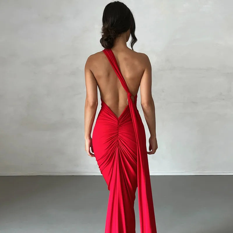 Women's Elegant Black Halter Neck Backless Evening Gown β Sleeveless Bodycon Maxi Dress with Train