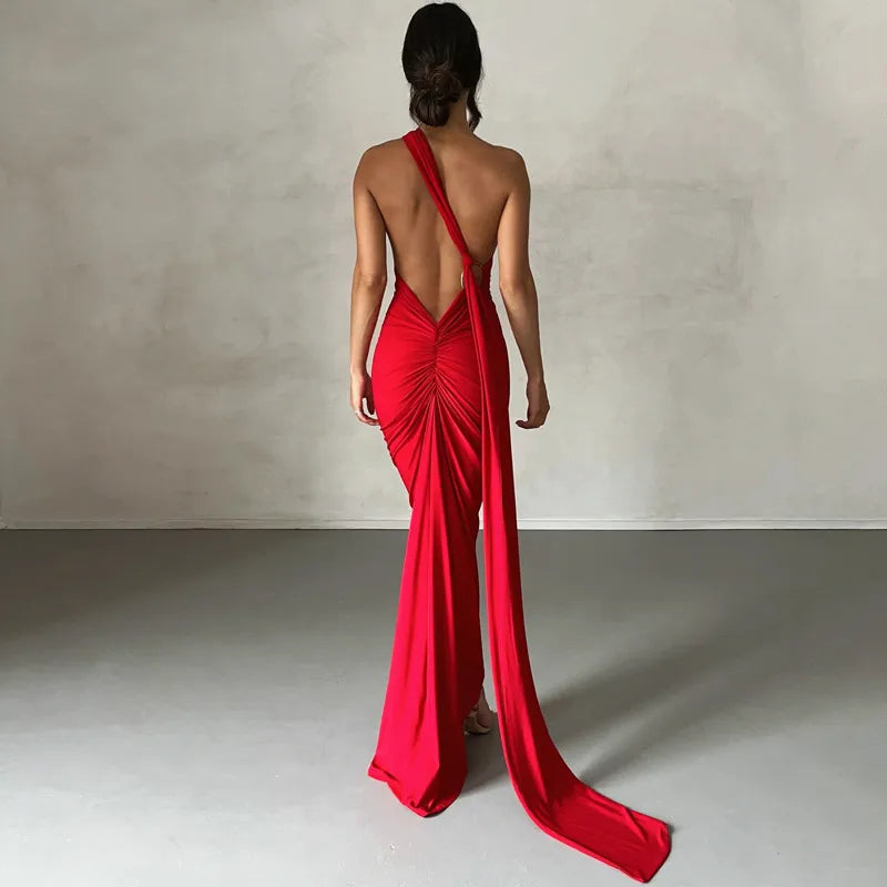 Women's Elegant Black Halter Neck Backless Evening Gown β Sleeveless Bodycon Maxi Dress with Train