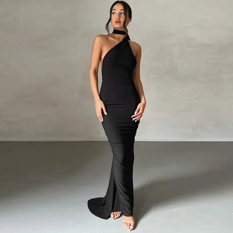 Women's Elegant Black Halter Neck Backless Evening Gown β Sleeveless Bodycon Maxi Dress with Train