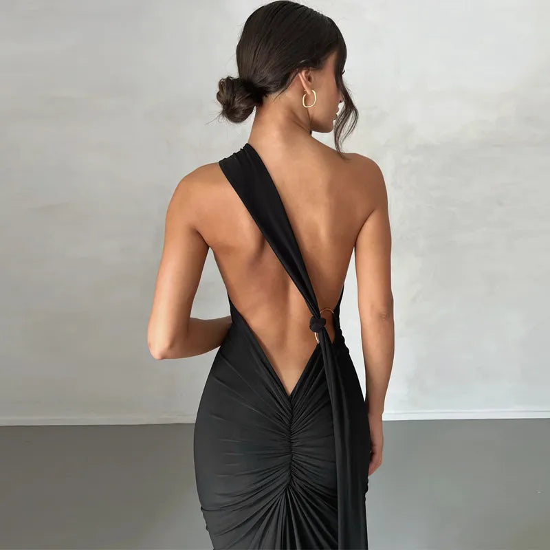 Women's Elegant Black Halter Neck Backless Evening Gown β Sleeveless Bodycon Maxi Dress with Train