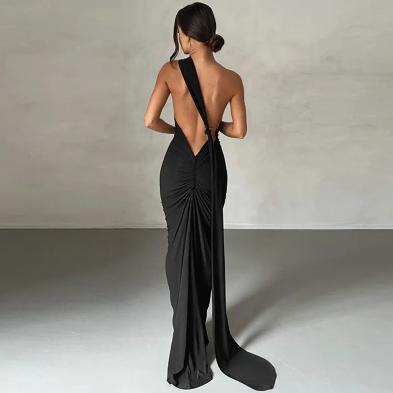 Women's Elegant Black Halter Neck Backless Evening Gown β Sleeveless Bodycon Maxi Dress with Train