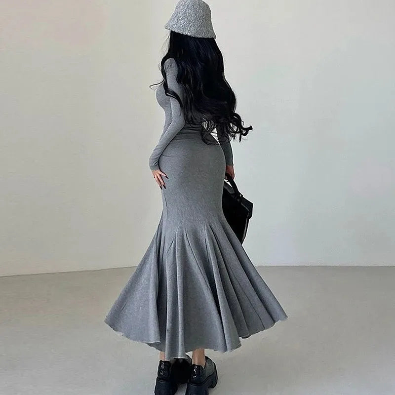 Women's Elegant Wine Red Bodycon Maxi Dress – Square Neck Long Sleeve Slim Fit Evening Gown