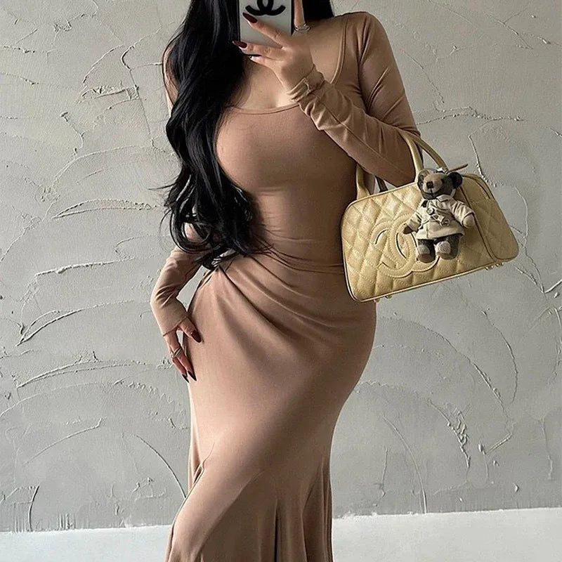 Women's Elegant Wine Red Bodycon Maxi Dress – Square Neck Long Sleeve Slim Fit Evening Gown