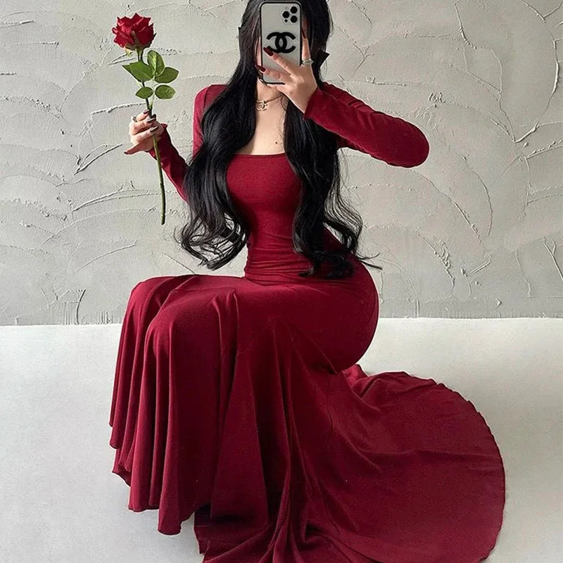 Women's Elegant Wine Red Bodycon Maxi Dress – Square Neck Long Sleeve Slim Fit Evening Gown