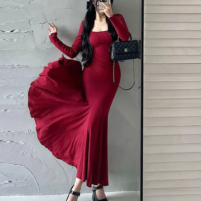 Women's Elegant Wine Red Bodycon Maxi Dress – Square Neck Long Sleeve Slim Fit Evening Gown