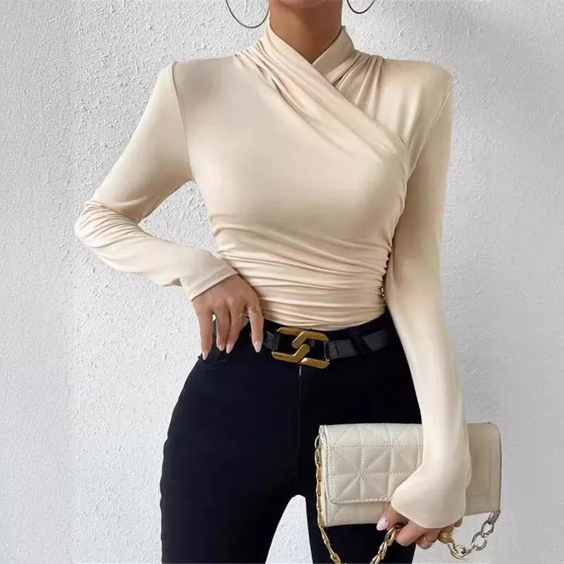 Pleated Blouse – Solid Color Long Sleeve Slim Fit Top