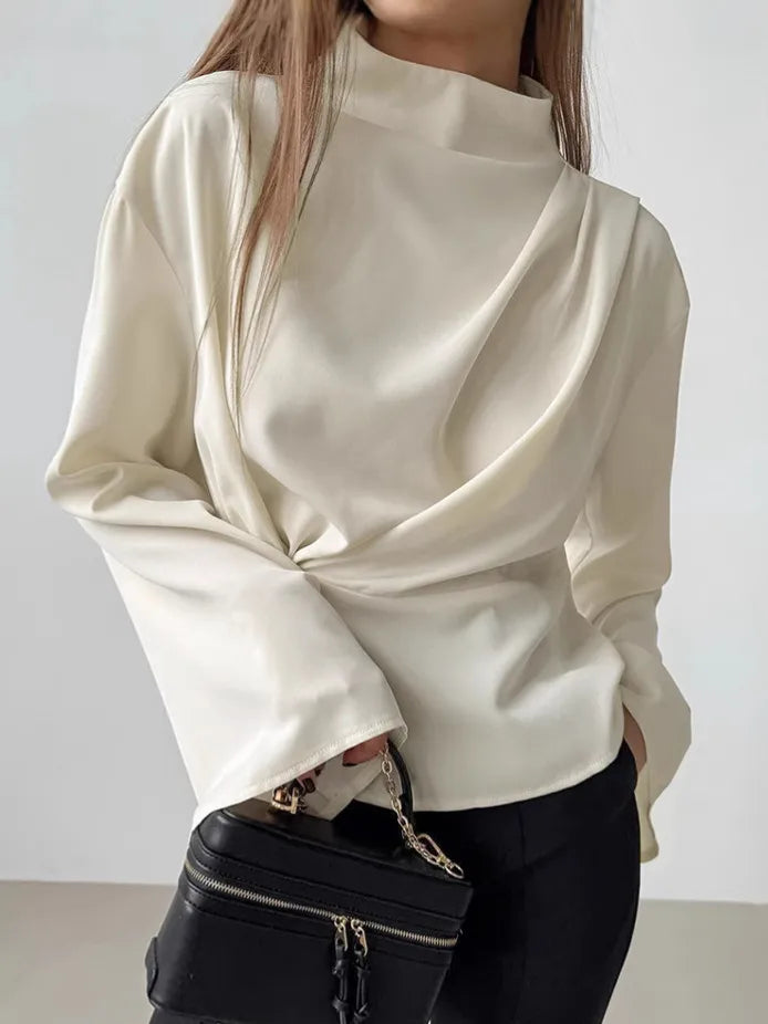 Women’s Elegant Satin Blouse – Solid Color Asymmetric Long Sleeve Fashion Top