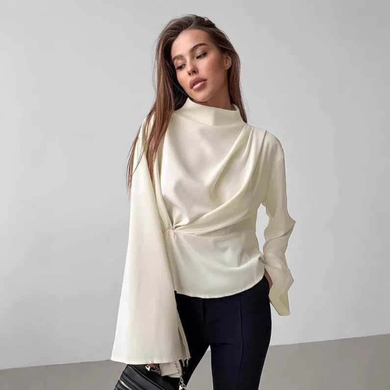 Women’s Elegant Satin Blouse – Solid Color Asymmetric Long Sleeve Fashion Top