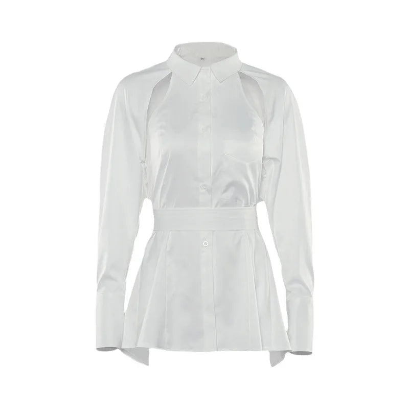 Women’s Chic Cut-Out Blouse – Solid White Long Sleeve Button Down Fashion Top