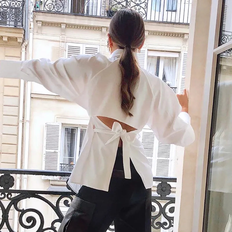 Women’s Chic Cut-Out Blouse – Solid White Long Sleeve Button Down Fashion Top