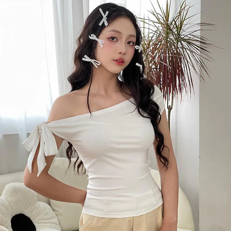 Women’s Elegant Off-Shoulder Ribbon Tie Top – Light Blue Casual Chic Blouse