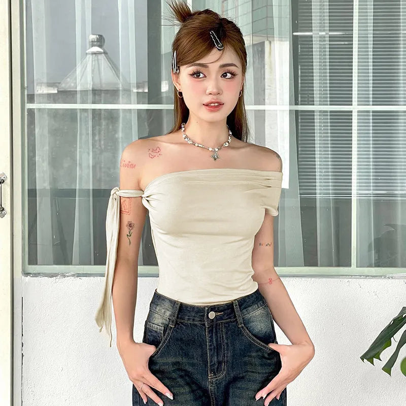 Women’s Elegant Off-Shoulder Ribbon Tie Top – Light Blue Casual Chic Blouse