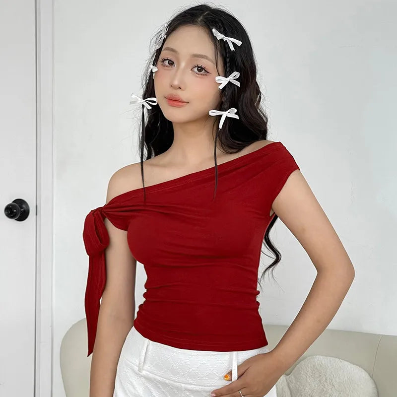 Women’s Elegant Off-Shoulder Ribbon Tie Top – Light Blue Casual Chic Blouse