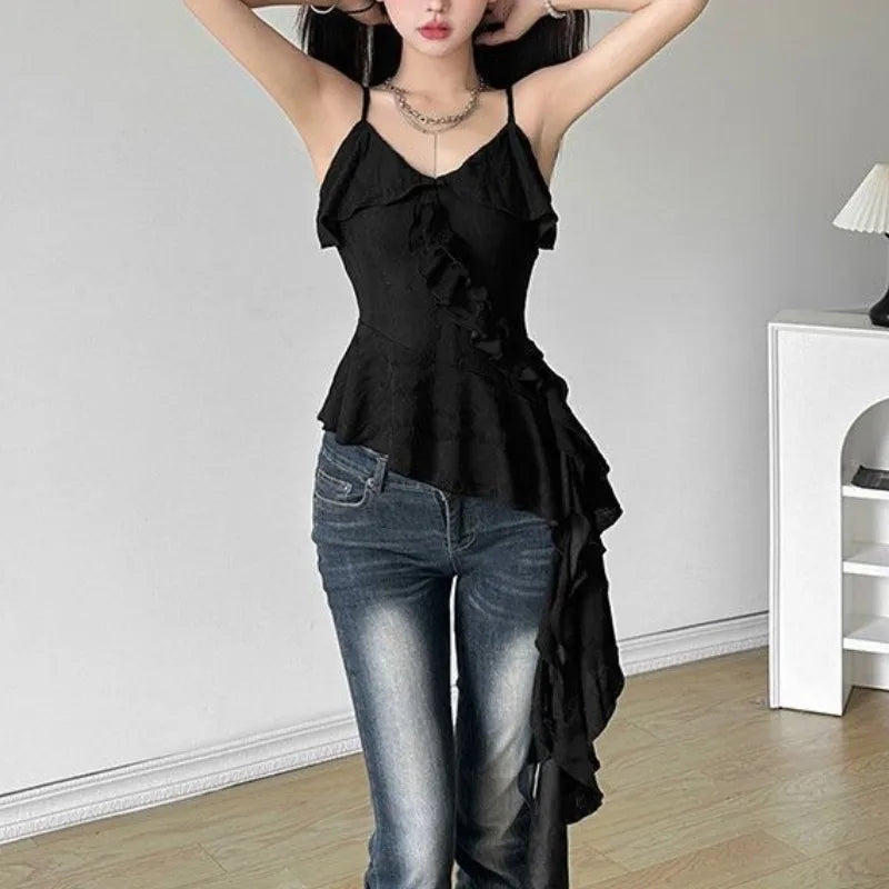 Women's Y2K Gothic Ruffle Camisole – Asymmetric Hem Solid Color Sleeveless Top
