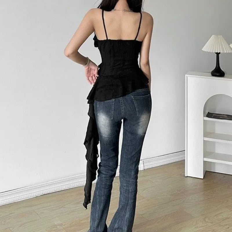 Women's Y2K Gothic Ruffle Camisole – Asymmetric Hem Solid Color Sleeveless Top