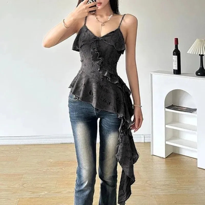 Women's Y2K Gothic Ruffle Camisole – Asymmetric Hem Solid Color Sleeveless Top