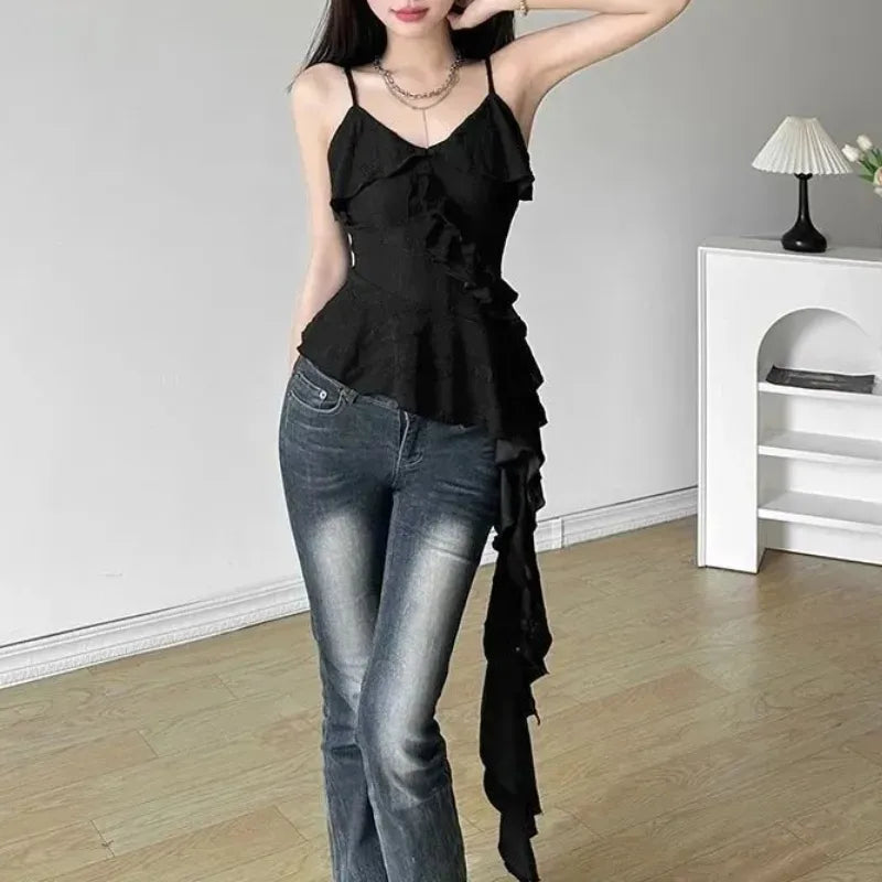 Women's Y2K Gothic Ruffle Camisole – Asymmetric Hem Solid Color Sleeveless Top
