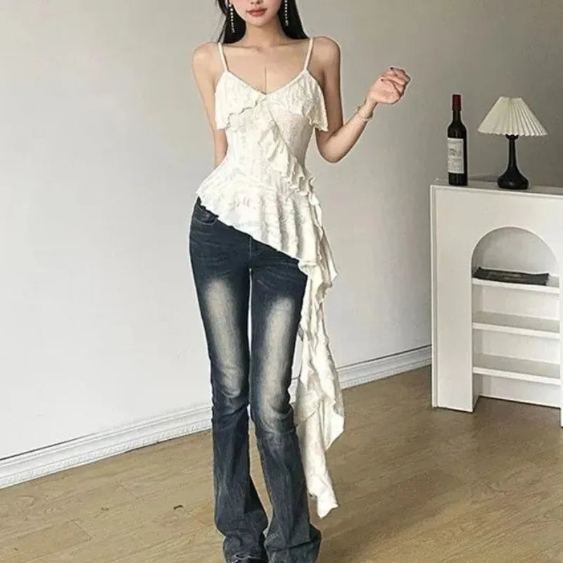 Women's Y2K Gothic Ruffle Camisole – Asymmetric Hem Solid Color Sleeveless Top