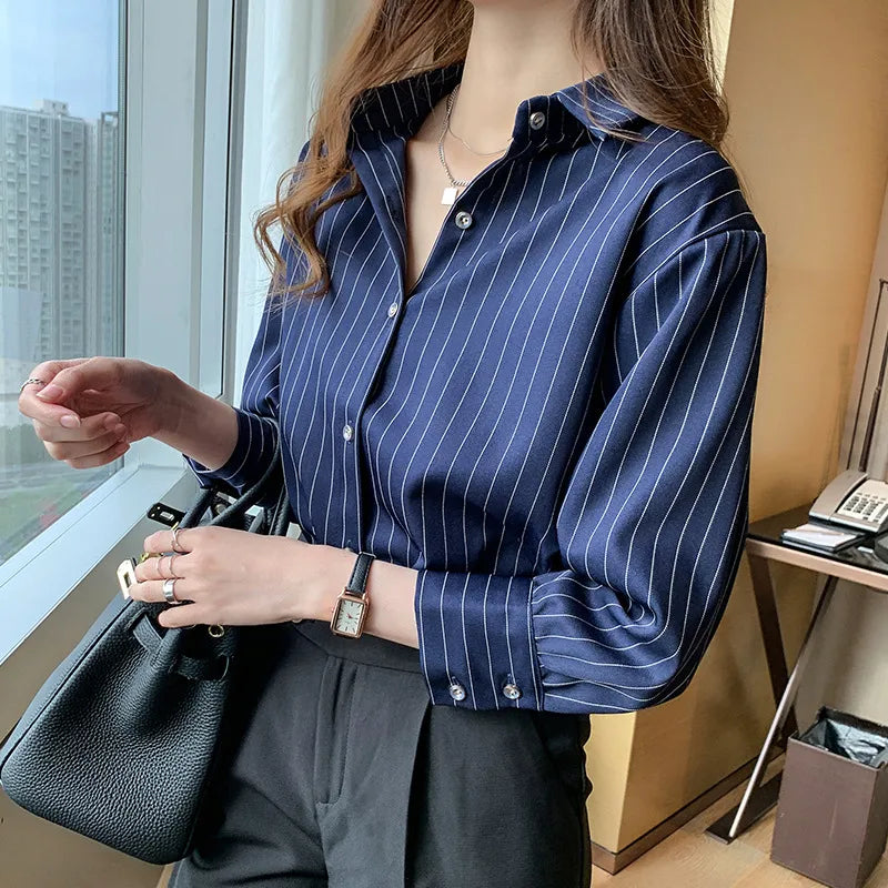 Women’s Chiffon Striped Shirt – Lightweight Vertical Stripe 3/4 Sleeve Spring Fashion Top