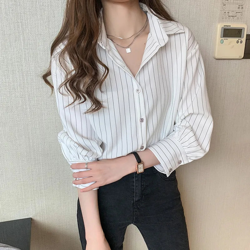 Women’s Chiffon Striped Shirt – Lightweight Vertical Stripe 3/4 Sleeve Spring Fashion Top
