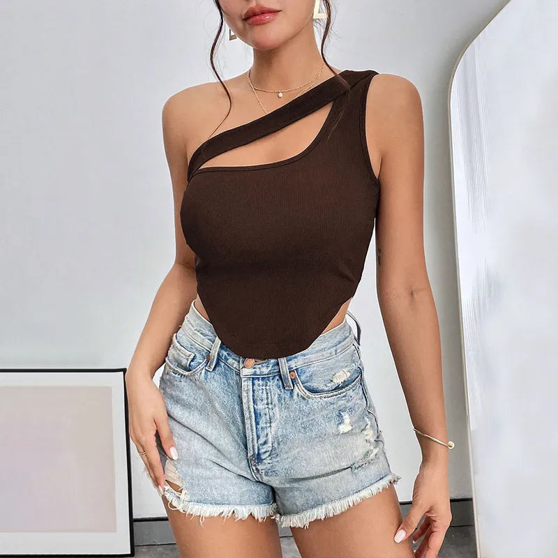 Women's Slim-Fit Hollow Vest – Ultra-Short Irregular Hem Shoulder-Wrap Top
