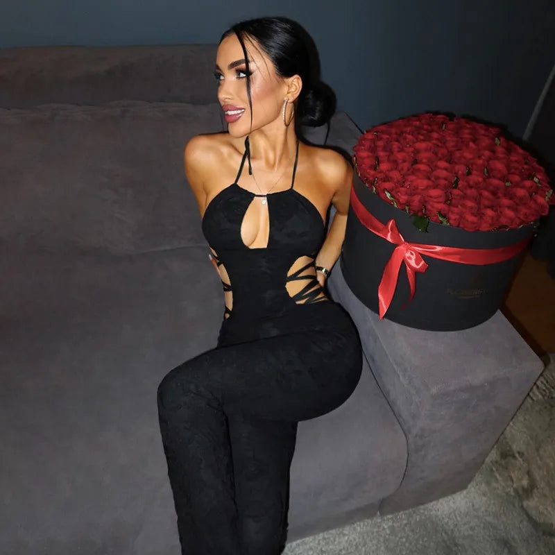 Women's Sexy Black Halter Neck Cut-Out Jumpsuit – Sleeveless Bodycon Streetwear Party Outfit