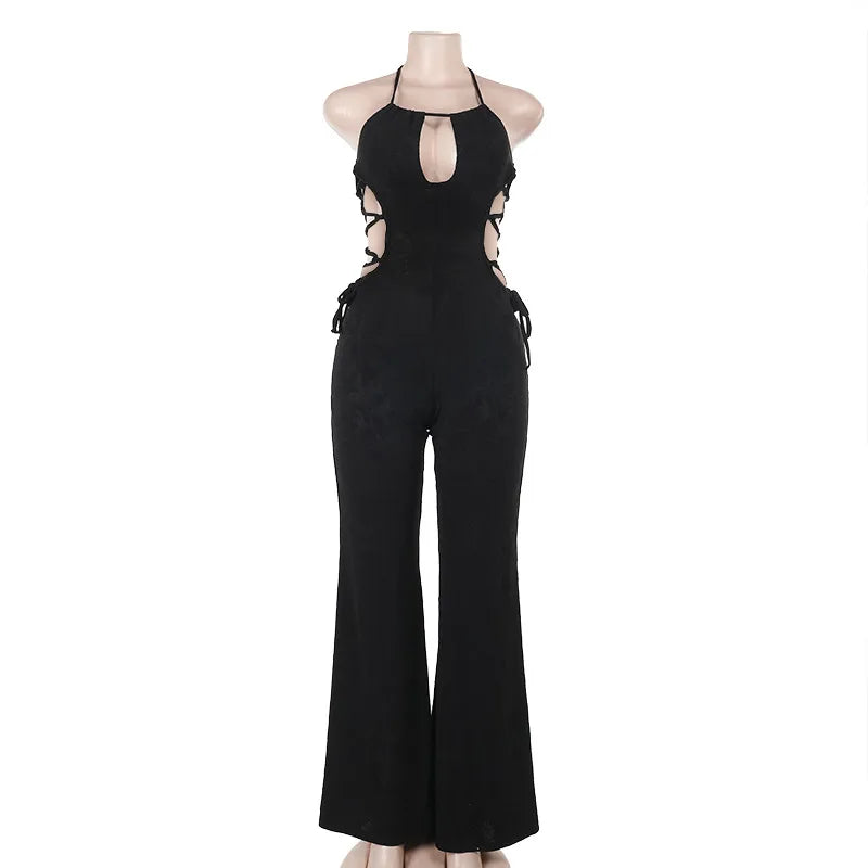 Women's Sexy Black Halter Neck Cut-Out Jumpsuit – Sleeveless Bodycon Streetwear Party Outfit