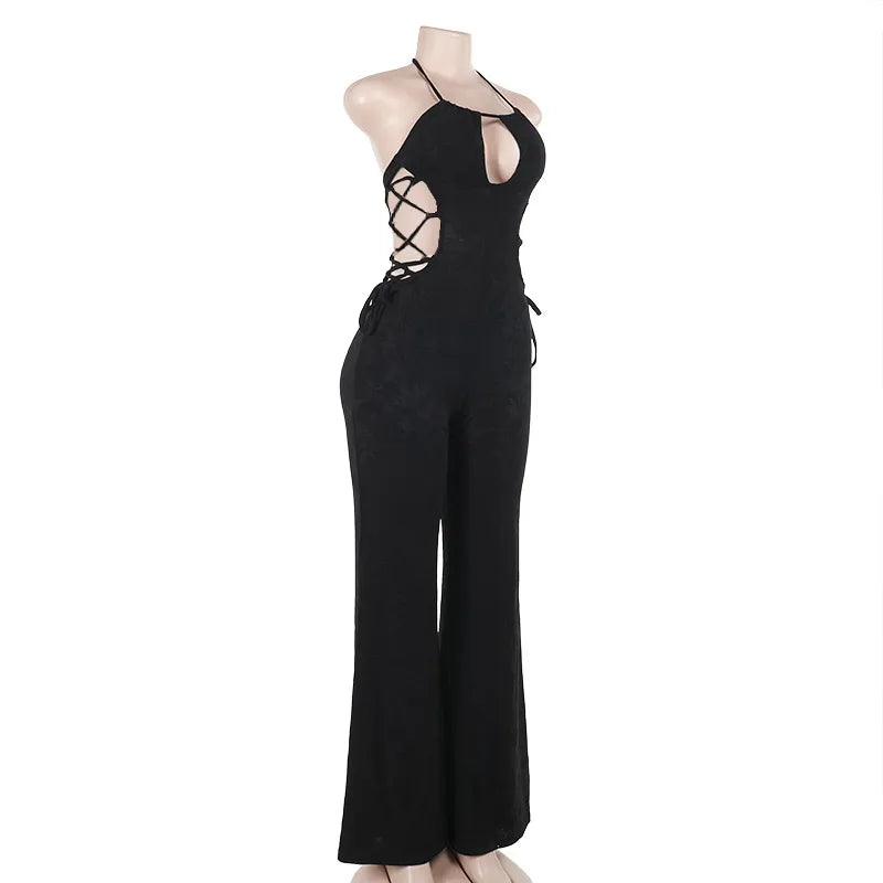 Women's Sexy Black Halter Neck Cut-Out Jumpsuit – Sleeveless Bodycon Streetwear Party Outfit