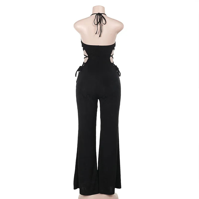 Women's Sexy Black Halter Neck Cut-Out Jumpsuit – Sleeveless Bodycon Streetwear Party Outfit